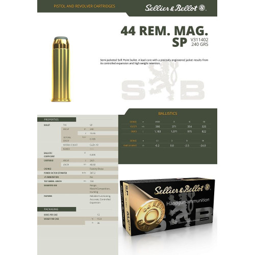 Cartouches cal.44 rem. mag. SP S&B 31140 Bte  50