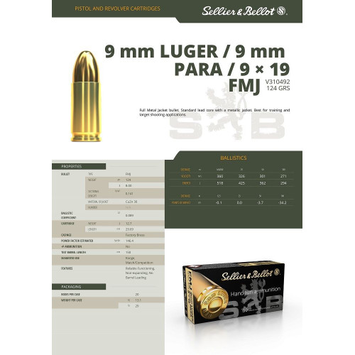 Cartouches S & B 9X19 FMJ 124gr